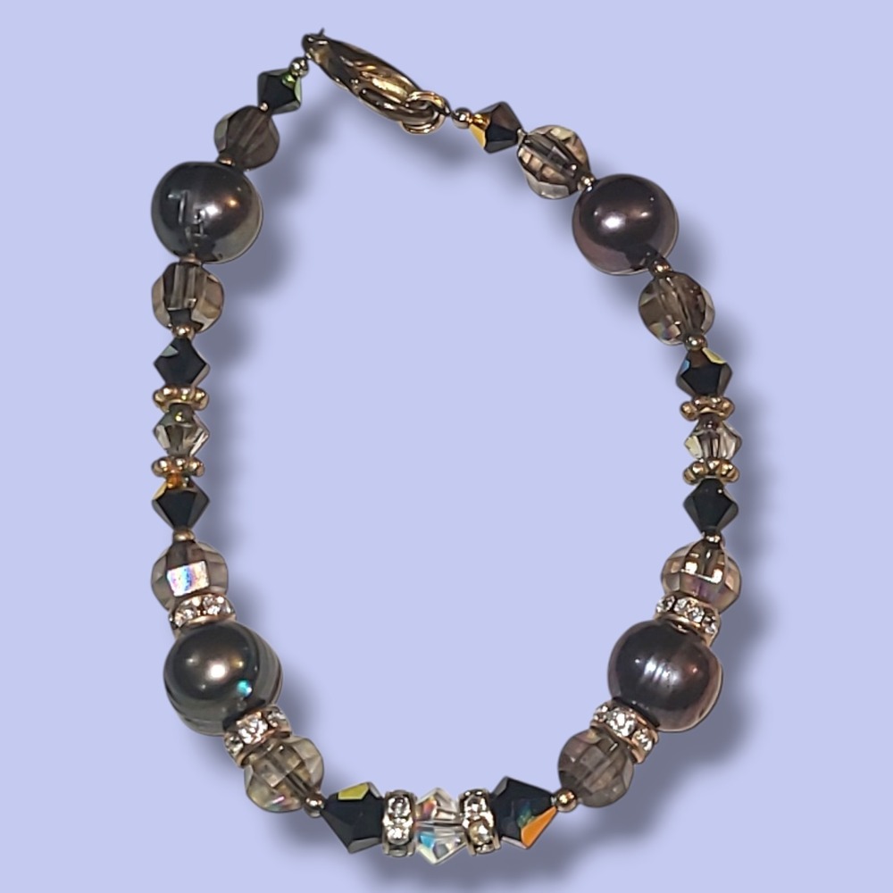 Tahitian Pearl & Crystal Beaded Bracelet 7.5" Gray Black Bead Rhinestone